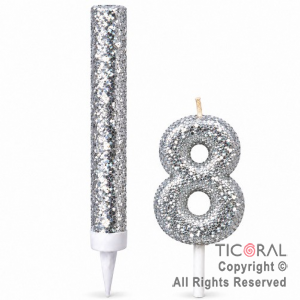 SET BENGALA Y VELA NUMERAL NUMERO 8 CON GIBRE PLATA
